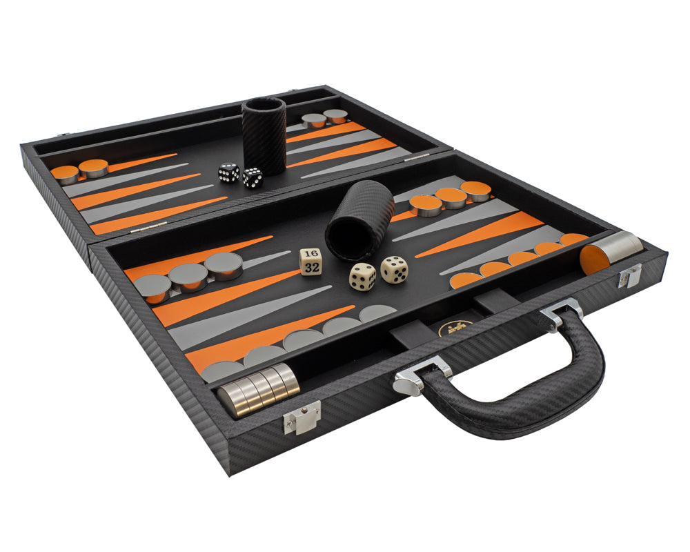 Italfama Klappbares Backgammon-Set aus Lederimitat in Schwarz und Orange