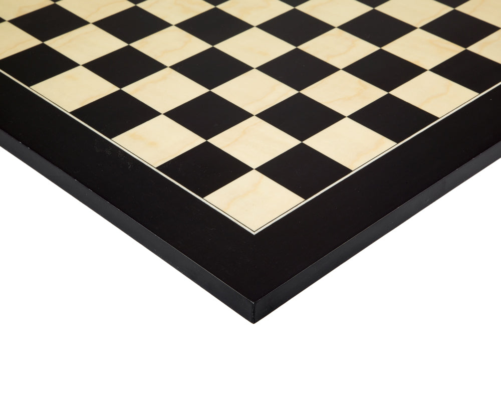 17.75 Inch Lacquered Black Anegre Deluxe Chess Board with Maple Wood Veneers, 1.75 inch squares, high gloss finish, modern design.