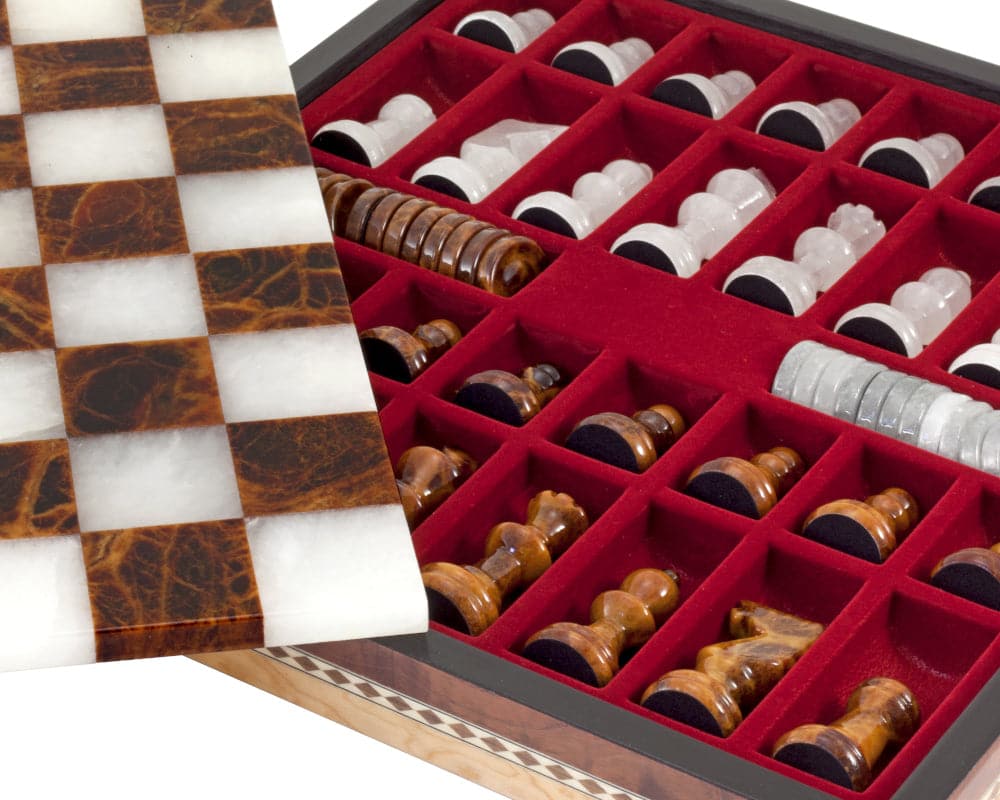 Brown & White Alabaster chess set with inlaid wooden cabinet, showing organized pieces in red interior, made by Scali Alabastro of Italy.