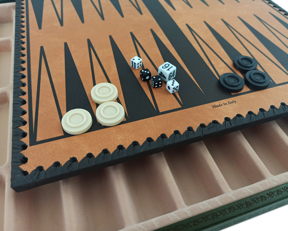 Das italienische Verde 13,75-Zoll-Backgammon-Set mit abnehmbarem Deckel, Schachbrett-Option, Würfeln und Damespiel