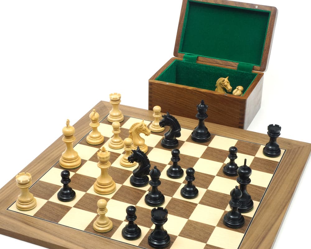 Ebony and walnut luxury chess set with ornate Staunton pieces, solid wood storage box, and 19 inch Spanish board.