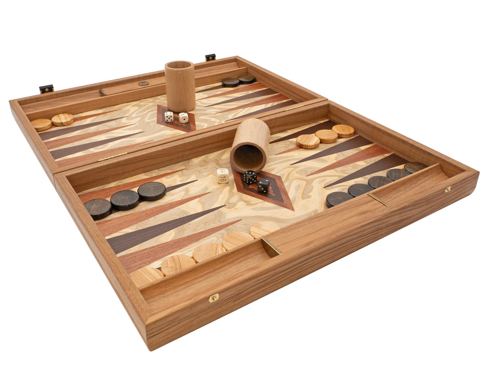 Luxuriöses Backgammon-Set aus Olivenwurzelholz von Manopoulos mit Backgammon-Bechern aus Holz