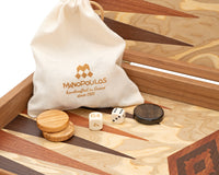 Luxuriöses Backgammon-Set aus Olivenwurzelholz von Manopoulos mit Backgammon-Bechern aus Holz