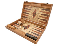 Luxuriöses Backgammon-Set aus Olivenwurzelholz von Manopoulos mit Backgammon-Bechern aus Holz