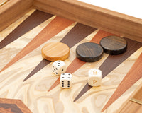 Luxuriöses Backgammon-Set aus Olivenwurzelholz von Manopoulos mit Backgammon-Bechern aus Holz