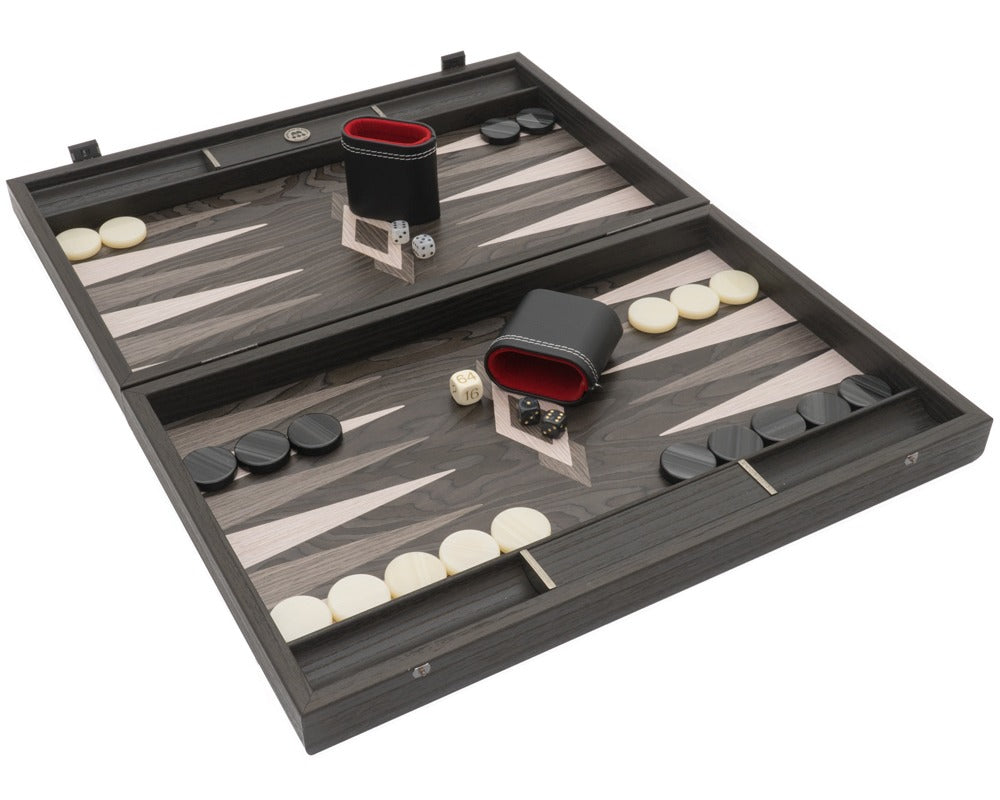 Das Manopoulos Ebenholz und Grau-Eiche Luxus Backgammon Set mit Vinyl Deluxe Cups