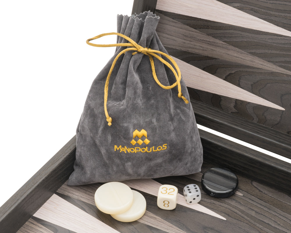 Das Manopoulos Ebenholz und Grau-Eiche Luxus Backgammon Set mit Vinyl Deluxe Cups