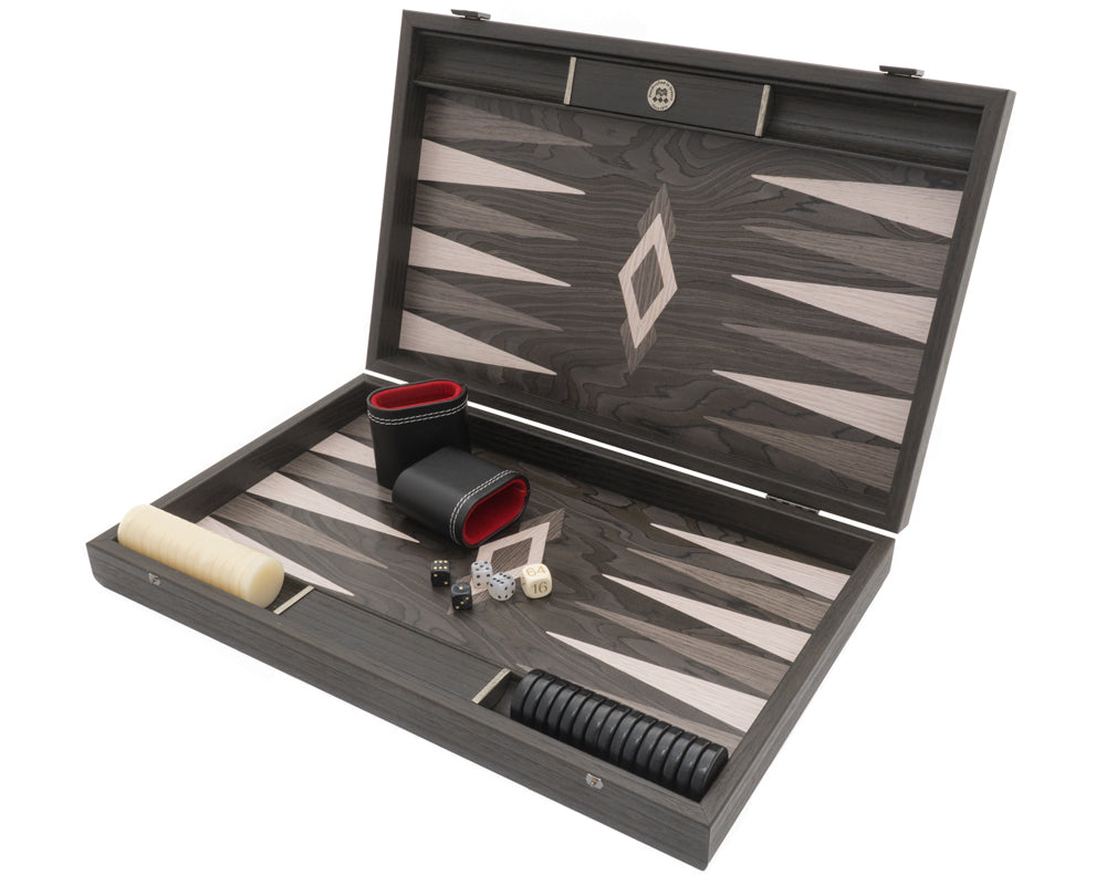 Das Manopoulos Ebenholz und Grau-Eiche Luxus Backgammon Set mit Vinyl Deluxe Cups