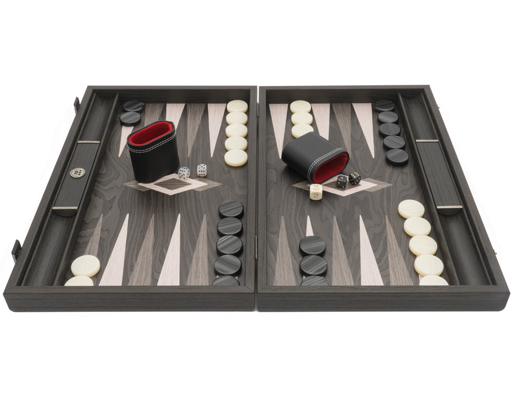 Das Manopoulos Ebenholz und Grau-Eiche Luxus Backgammon Set mit Vinyl Deluxe Cups