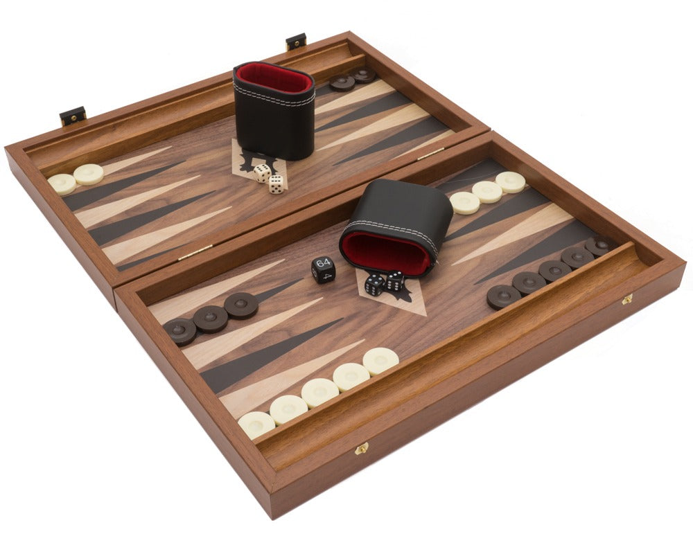 Das kompakte Backgammon-Set Manopoulos Walnut Black and Oak Club mit Vinyl Deluxe Cups