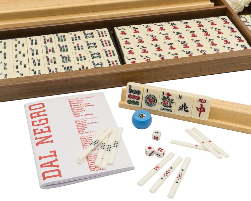 Dal Negro Luxury Mah Jong Set with Walnut Case - US Version, including tiles, dice, and accessories displayed in a high-quality wooden case