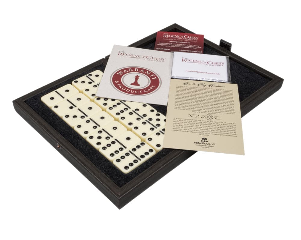 Manopoulos Luxury Dominoes Box Set Black with resin pieces and a plush lined wooden case from Regency Chess Company