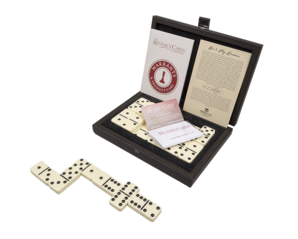 Manopoulos Luxury Dominoes Box Set Black in plush lined wooden case with weighty resin pieces and Regency Chess Company guarantee card