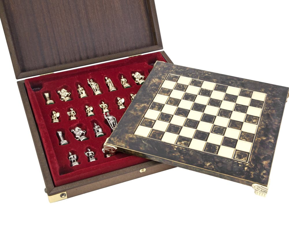 Greek Roman Army metal chess set with wooden case featuring brass and nickel plated pieces and an elegant chess board.