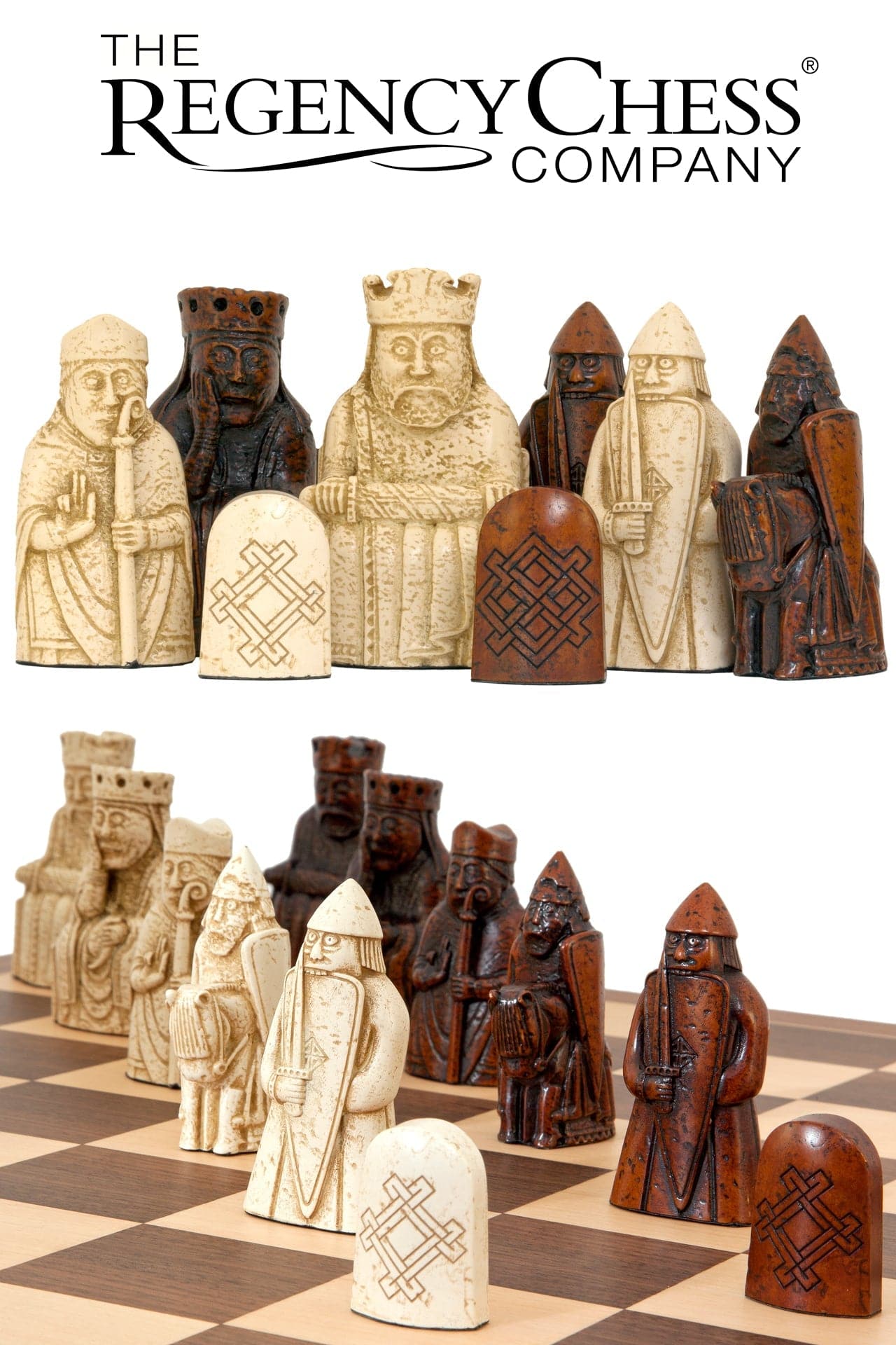 Isle Of Lewis Chessmen on a wooden chess board by The Regency Chess Company