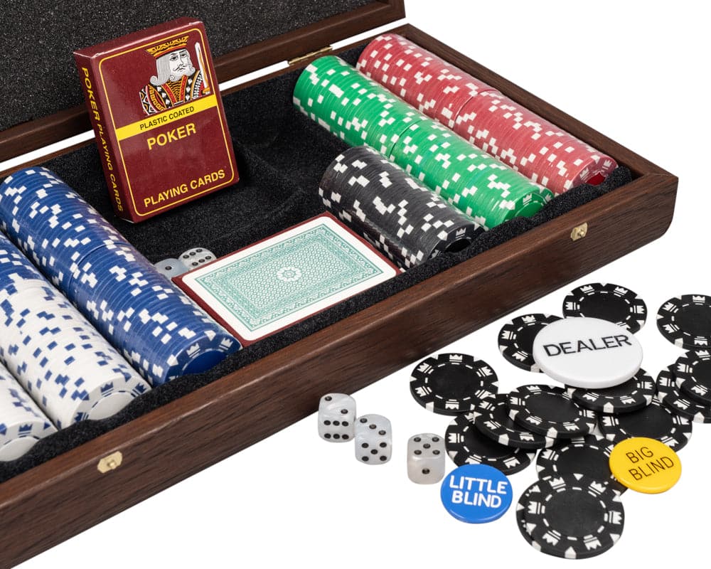 Deluxe Poker Compendium in Walnut Case with poker chips, playing cards, dice, and dealer tokens from The Regency Chess Company.