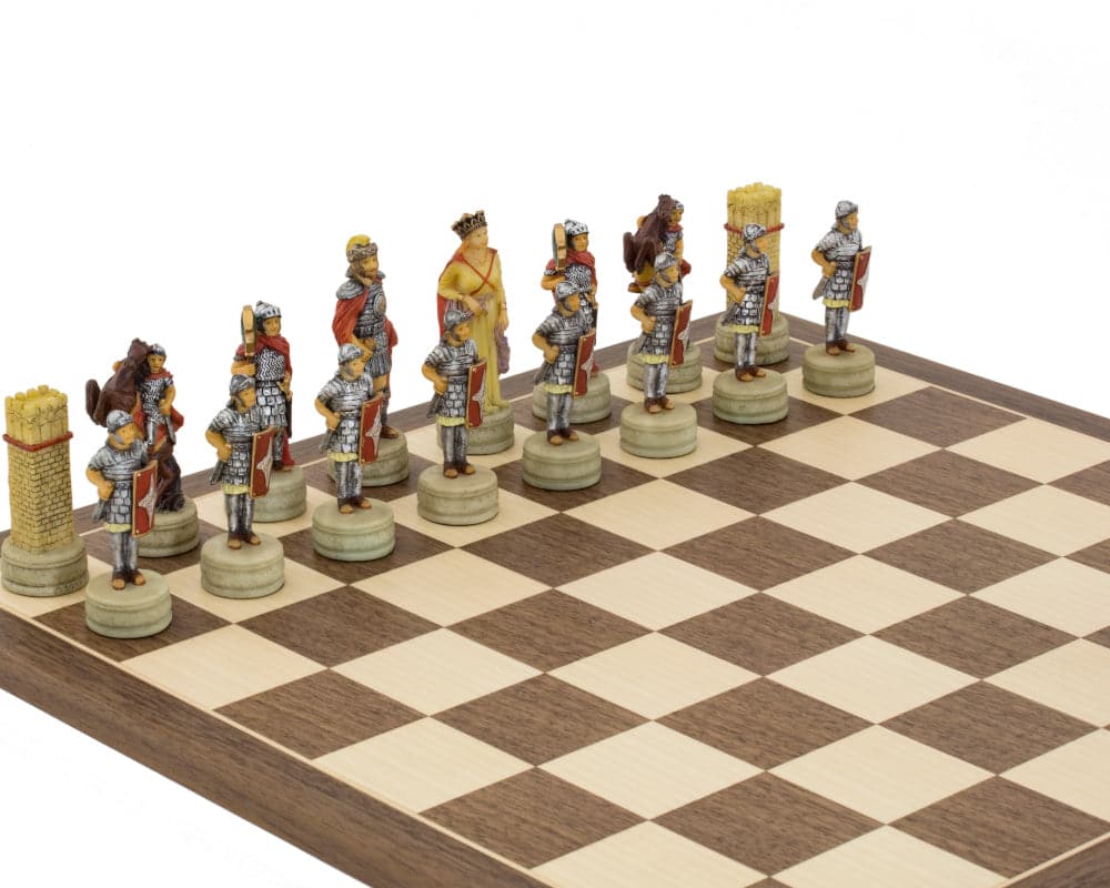 Hand painted Romans vs Arabs themed chess pieces by Italfama, featuring detailed historical figures, ideal for a 16 inch board.