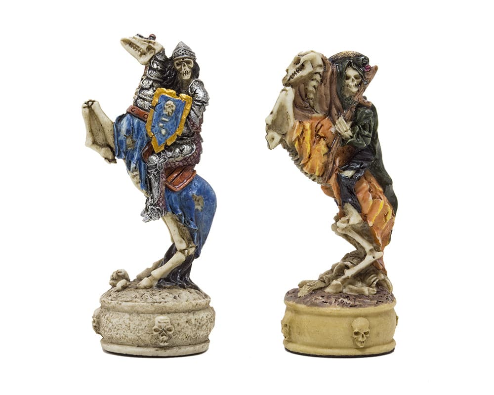 Zombie-themed hand-painted Italfama chess pieces on horses with ornate details and different color schemes. Ideal for 16 inch board.