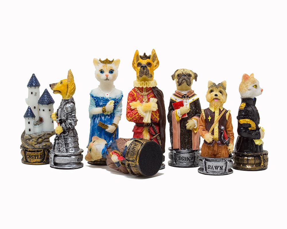 Hand-painted Cats Vs Dogs themed chess pieces by Italfama, made in Italy, showcasing superb detail, ideal for a 16 inch board.