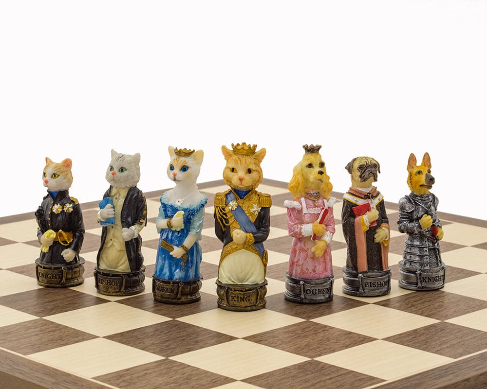 Hand-painted Cats Vs Dogs themed chess pieces on chessboard by Italfama, ideal for a 16 inch board with 3.75 inch King.