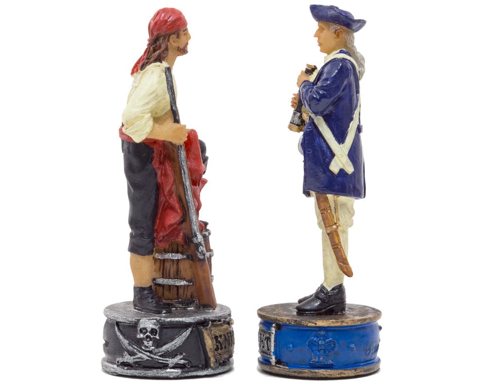 Hand-painted pirate and navy officer themed chess pieces by Italfama, superb detailing and ideal for 15.75-inch chess board.