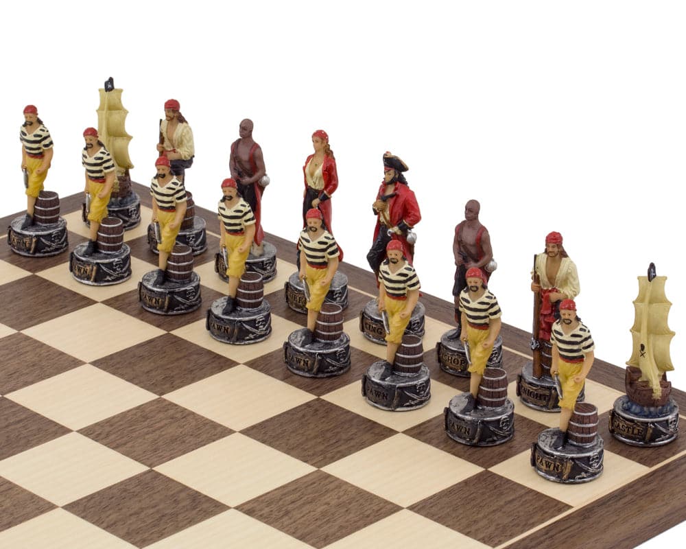 The Pirates Vs Navy hand painted themed chess pieces by Italfama, masterfully detailed and ideal for a 15.75-inch board