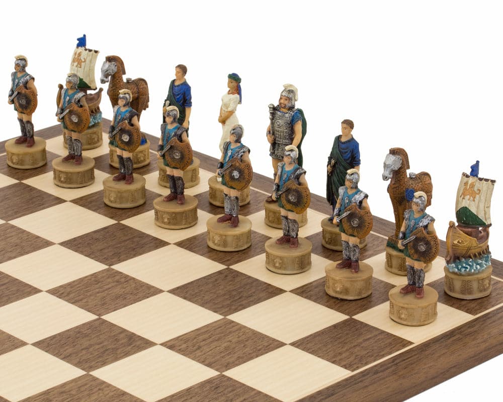 Hand-painted Battle of Troy themed chess pieces sculpted from resin on a wooden chessboard by Italfama.