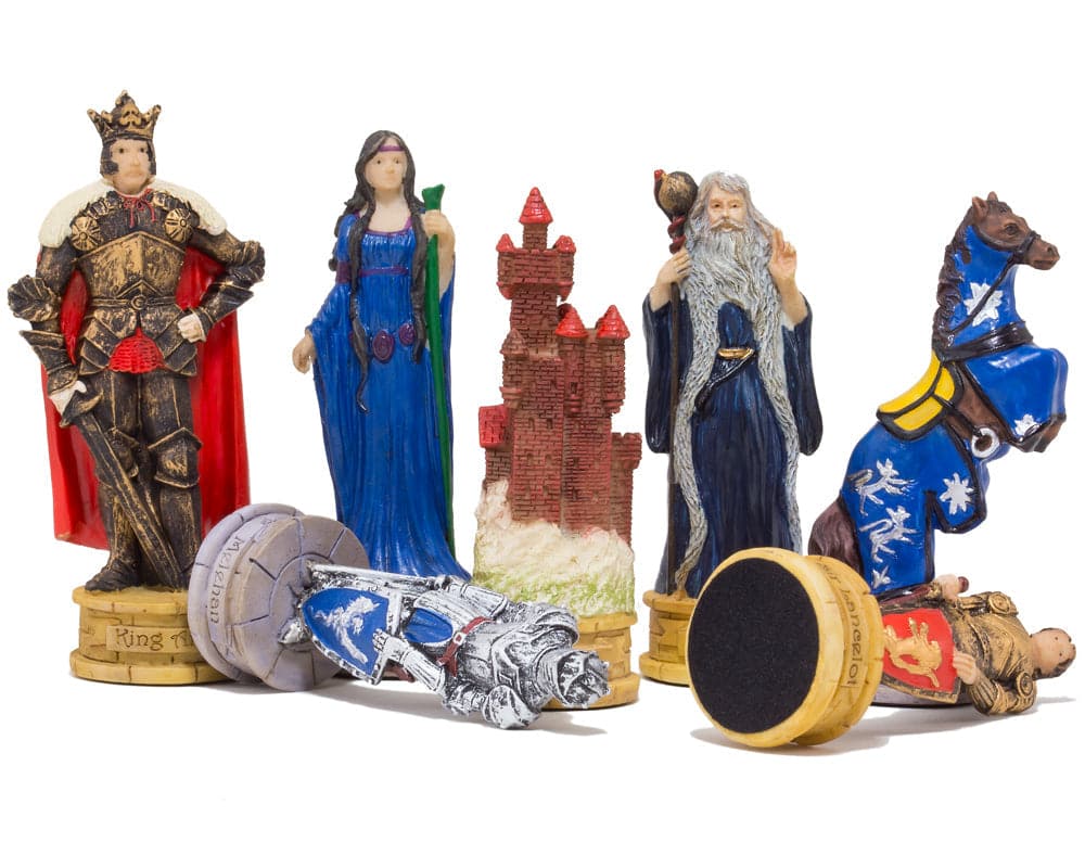 Medieval themed chess pieces set featuring king, queen, castle, wizard, and knight figures in vibrant colors.