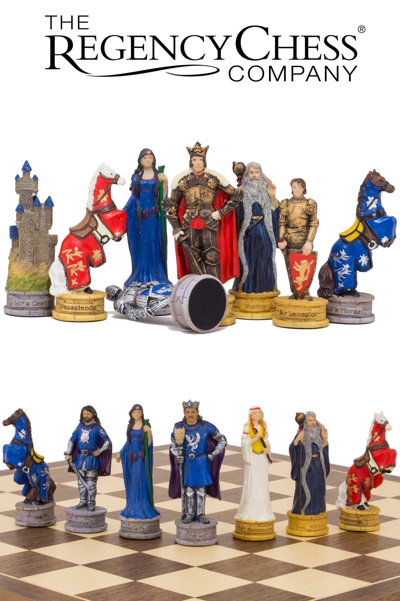 The King Arthur hand-painted themed chess pieces by Italfama, including King Arthur and Guinevere, showcased on a chessboard.