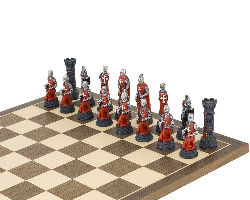 The Crusader Hand Painted themed chess pieces by Italfama arranged on a chessboard.