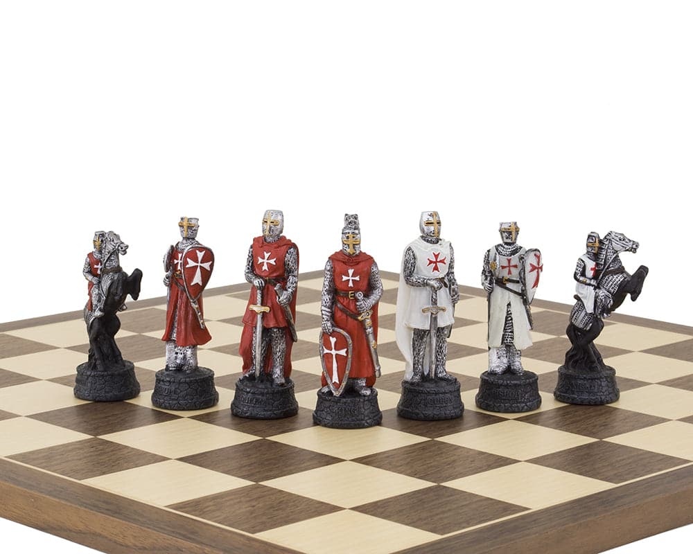 Hand painted Crusader themed chess pieces by Italfama displayed on a chessboard.