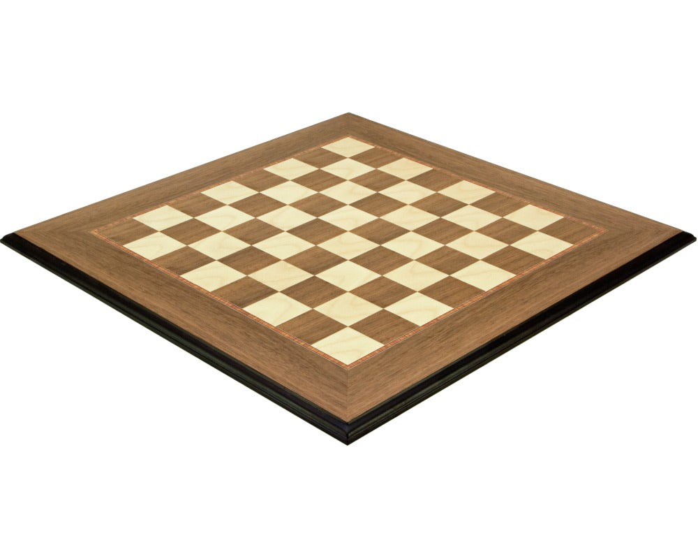 19.7 inch moulded walnut and maple deluxe chess board with redwood beading and dark moulding effect by Rechapados Ferrer S.A. of Spain.