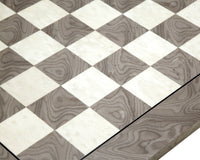 High gloss 21.7 inch grey ash burl and maple deluxe chess board with 2.17 inch squares, crafted by Rechapados Ferrer in Spain.