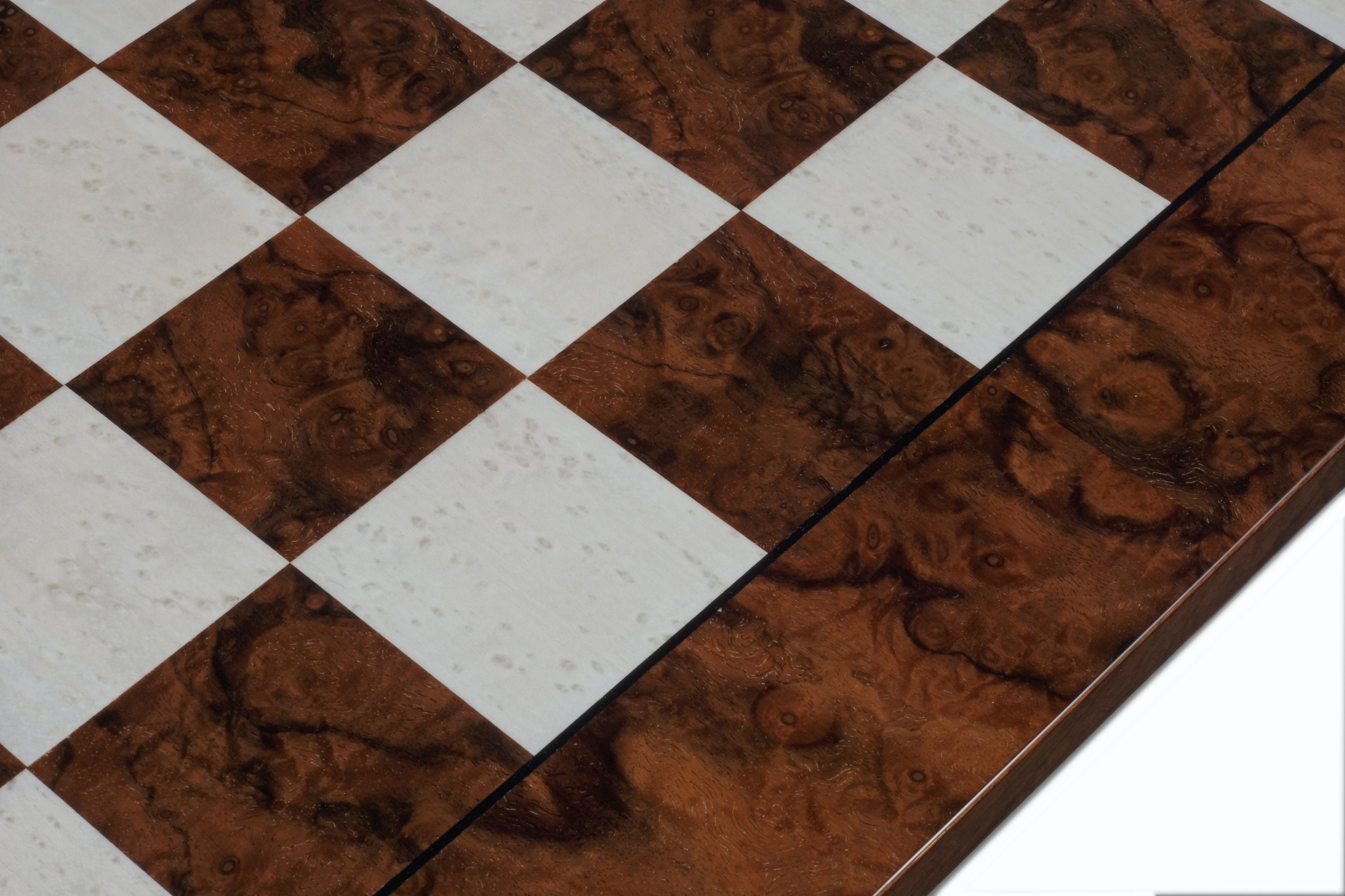 Close-up of Dark Walnut Burl Luxury Italian Chess Board 20.5 Inch