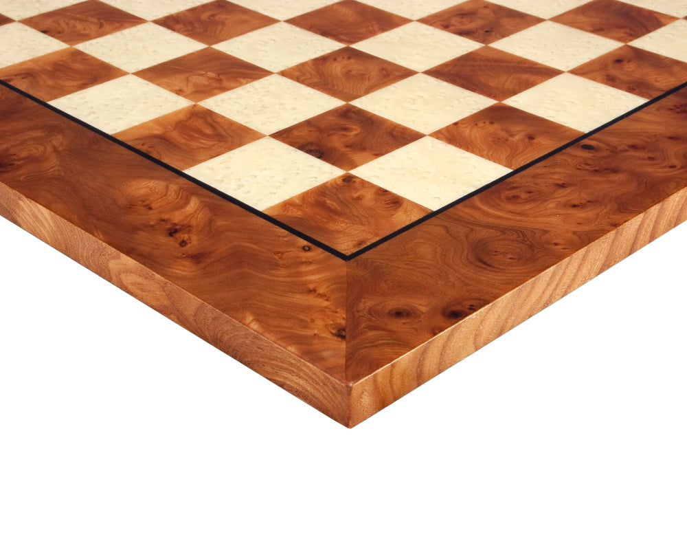 Close-up of handcrafted 20.5 inch luxury chess board made from high-grade Briarwood and Elm, featuring 1.9 inch playing squares.