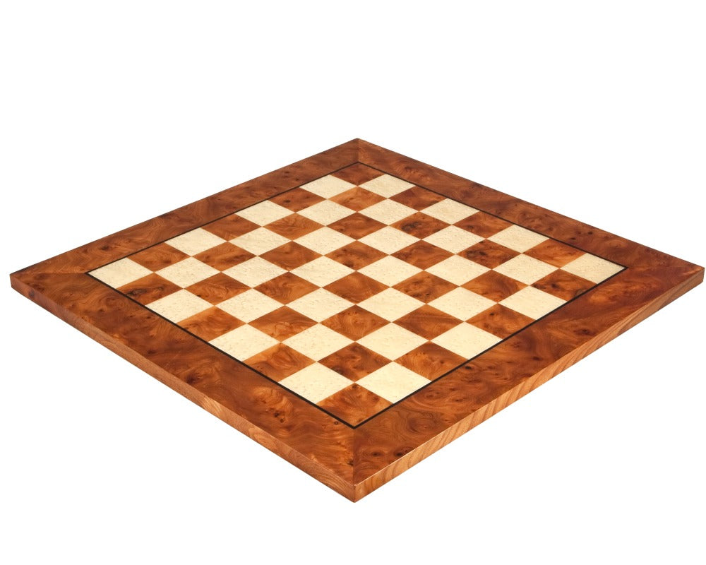 20.5 Inch Briarwood and Elm luxury chess board handcrafted in Italy with 1.9 inch playing squares high grade veneer finished in quality lacquer