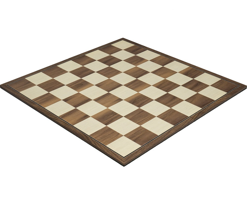 16.75 inch folding walnut chess board crafted in Spain with maple and billiard cloth base for easy storage and 1.9 inch squares