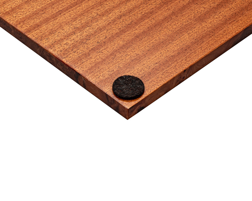 Close-up of 21.25 inch Mastellone Giuseppe Elm Wood Inlaid Board with felt pad on corner for the Hnefatafl game.