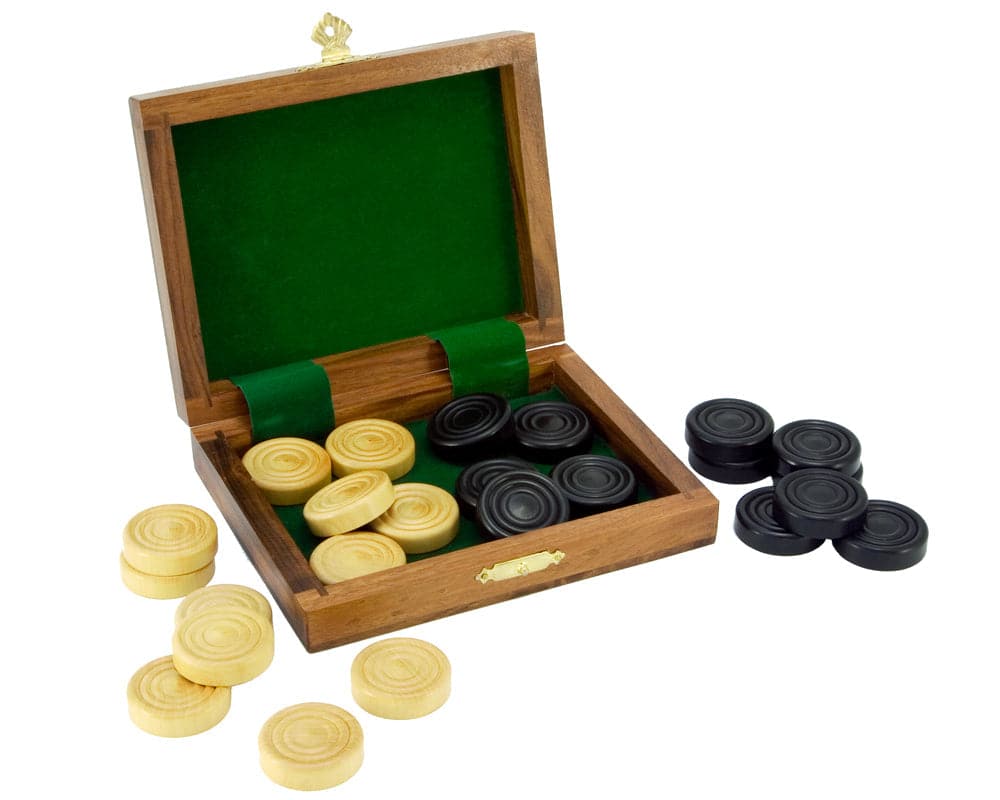 Sheesham and Boxwood Draughts Box with wax-polished finish, green felt lining, and crafted draughts pieces, ideal for 15-18 inch boards