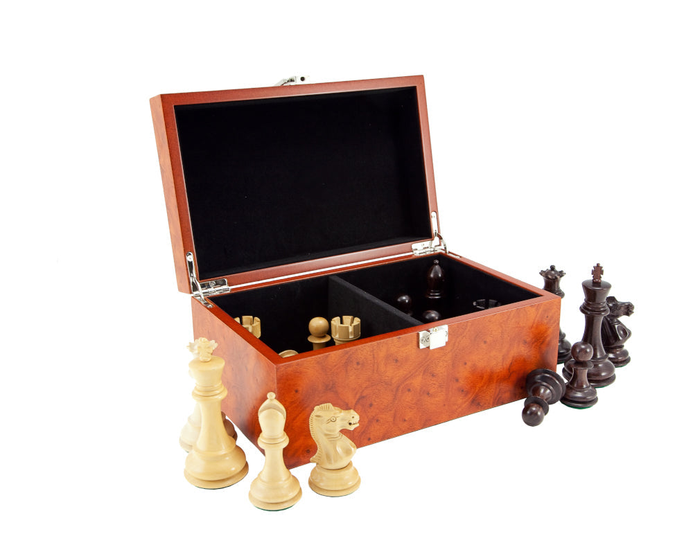 Wurzelholz-Maser-Schachfigurenkoffer mit Scharnierdeckel Groß