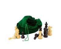 Green drawstring chess piece bag with chess pieces, plush corded green fabric, holds pieces up to 4 inches King height, protective base