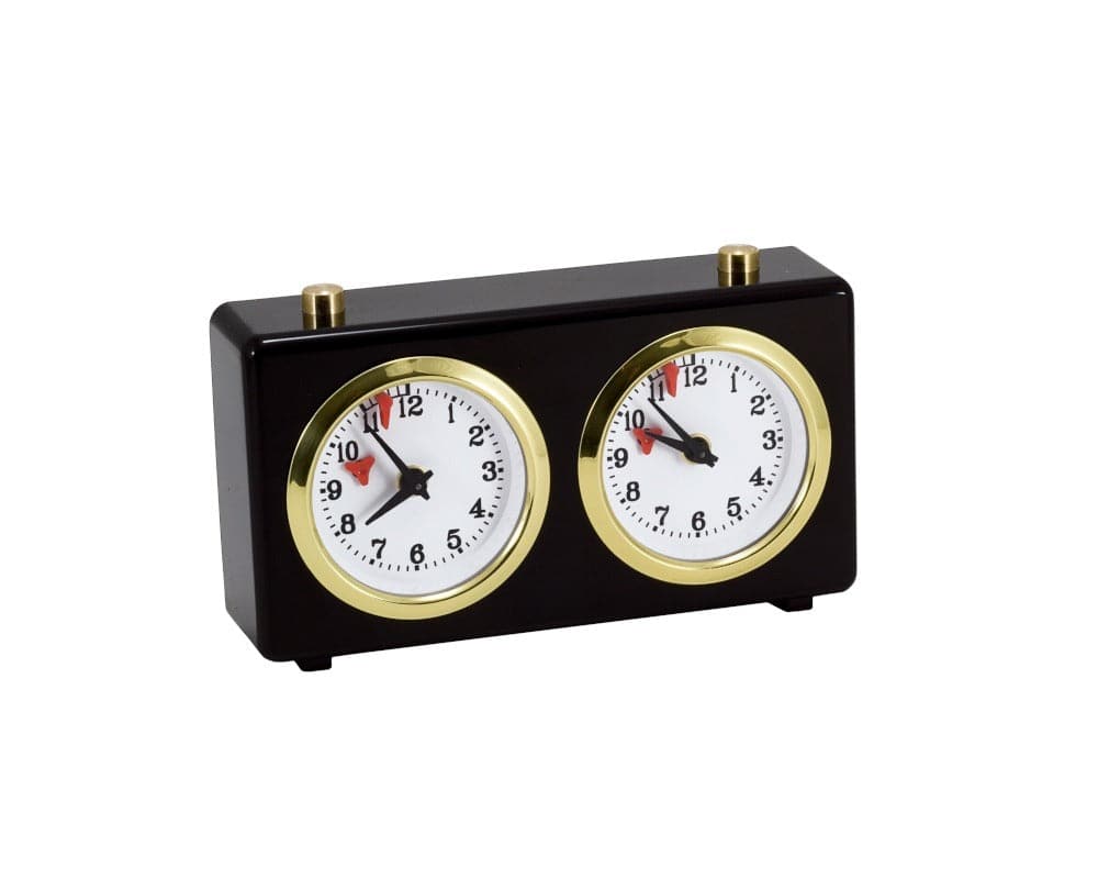 Turnier Chess Clock in glossy black plastic with a traditional wind-up mechanism and dual clock faces.