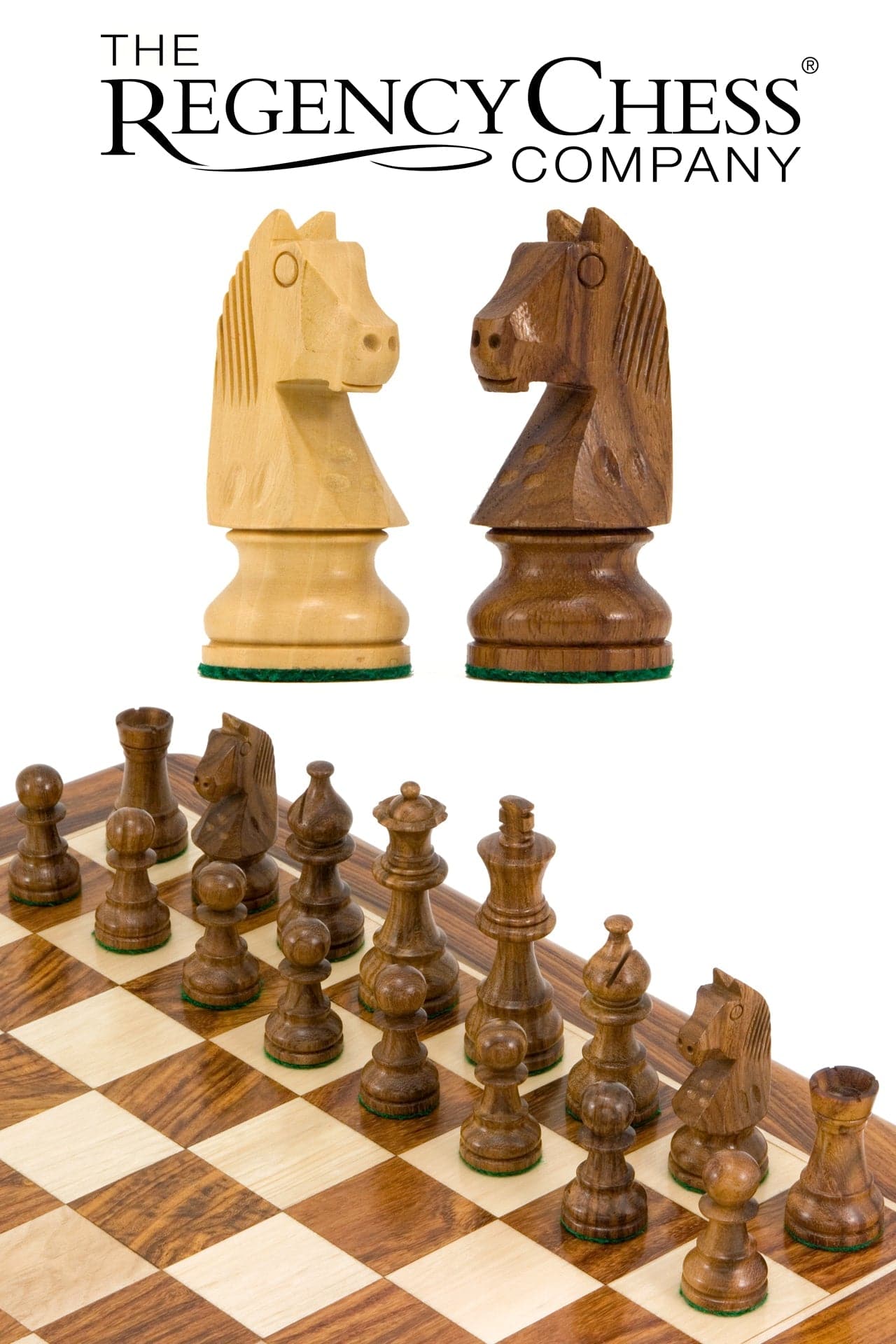 Down Head Knight Sheesham Staunton Chess Pieces, 3-inch king on chessboard, handcrafted from sheesham and boxwood, available at Regency Chess Company