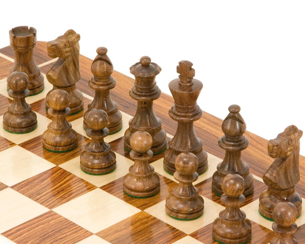 French Knight Series Golden Rosewood Chess Pieces on Wooden Chess Board