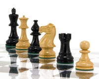 Atlantic Series Staunton black and natural lacquered chess pieces on chessboard, high grade boxwood, 3.75 inch king, modern design.