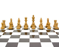 Atlantic Series Staunton black and natural lacquered chess pieces on a black and white chessboard, 3.75 inches high king