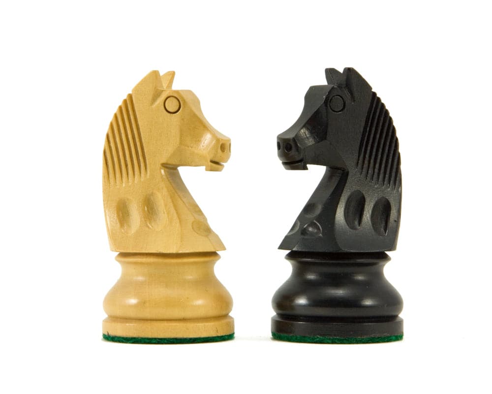 Ebonised and boxwood knight Staunton chess pieces from the Down Head set, featuring a robust and quality design for 17 inch board