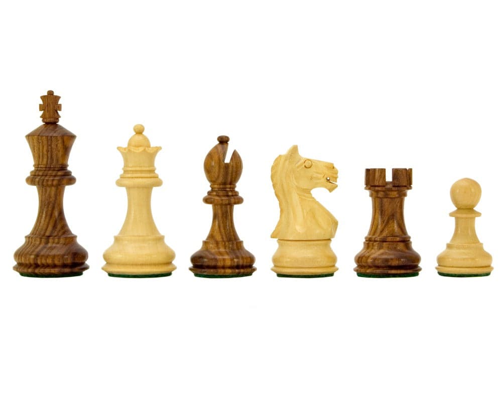 Fierce Knight Sheesham Staunton Chessmen, 3-inch king, weighted and felted pieces, classic design, displayed on a white background