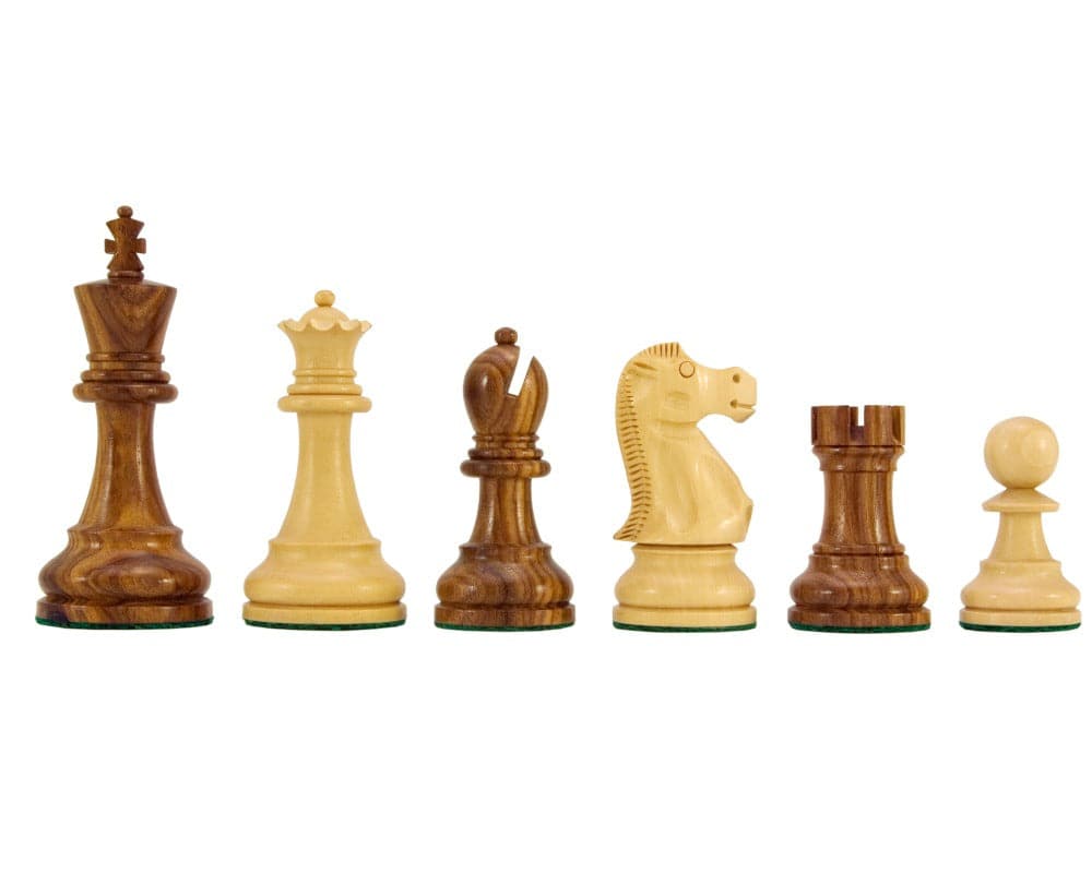 Jacob Knight Golden Rosewood Staunton chess pieces with 3.75-inch king and high craftsmanship, perfect for 19-inch board.