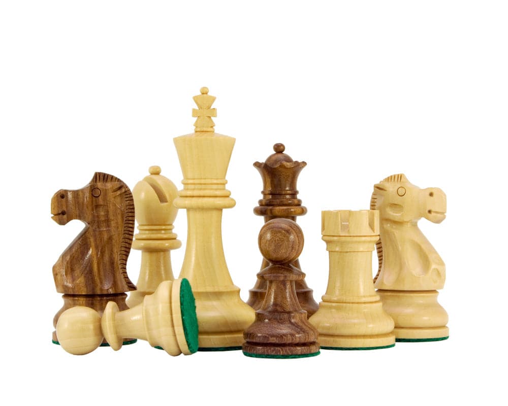 Jacob Knight Golden Rosewood Staunton chess pieces set with 3.75-inch king, featuring weighted and felted bases for 19-inch board.